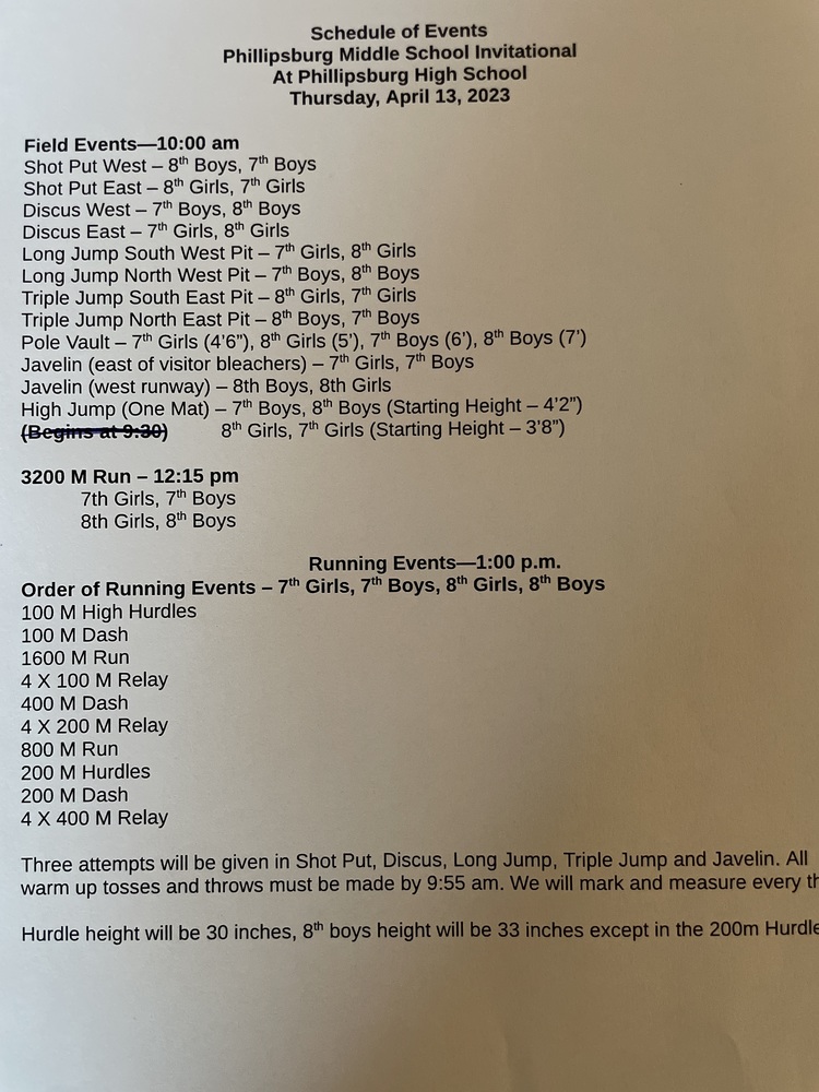 Phillipsburg JH Track Meet Schedule